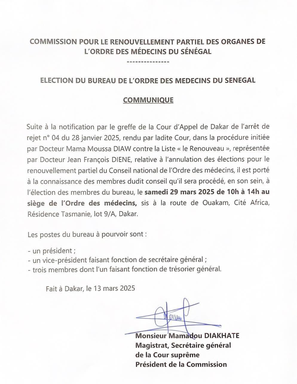 Élection des membres du bureau de l&rsquo;Ordre des médecins du Sénégal : Renouvellement partiel prévu pour le 29 mars 2025