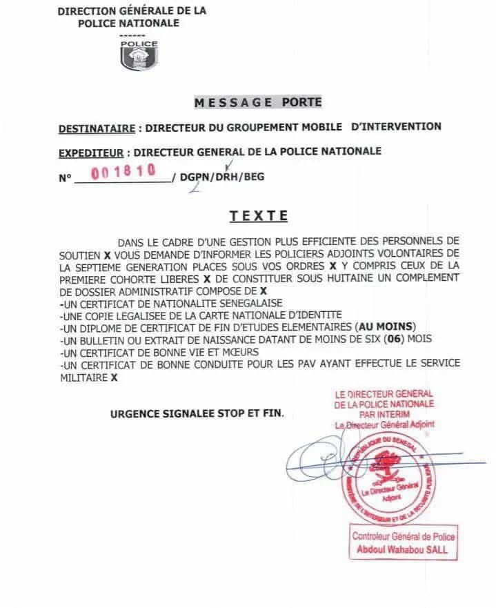Mame Seydou Ndour Appelle les Policiers Adjoints Volontaires à Compléter Leur Dossier Administratif