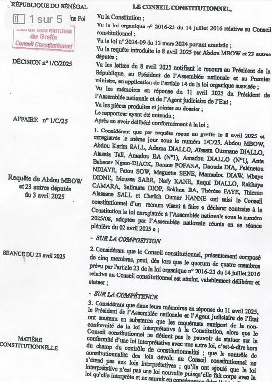 Le conseil constitutionnel a donné raison à l&rsquo;opposition pour sur recours contre la loi d&rsquo;interprétation sur l&rsquo;amnéstie