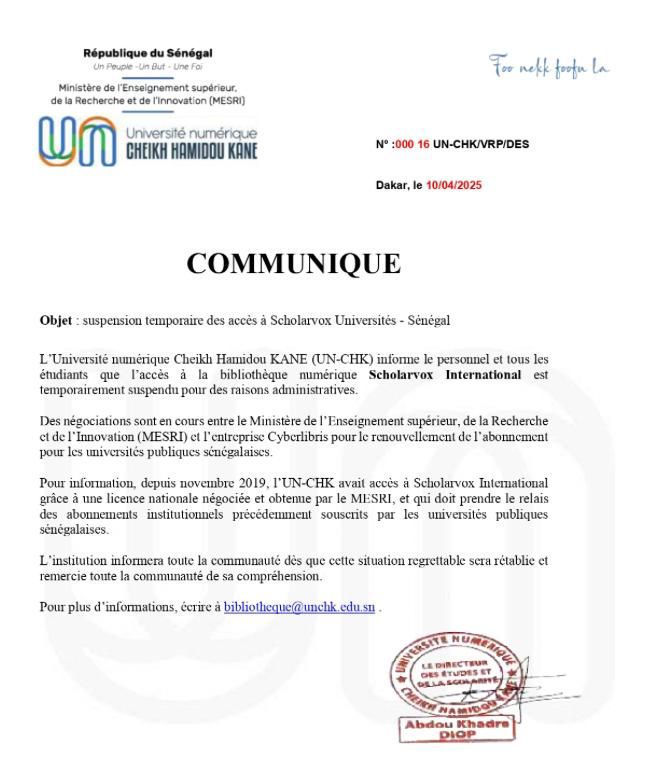 UNCHK : Suspension temporaire des accès à Scholarvox Universités – Sénégal