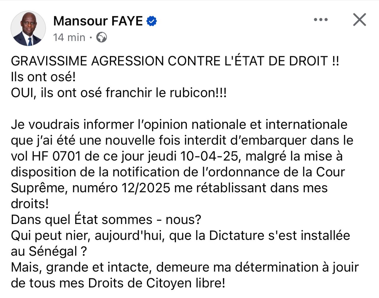 L&rsquo;interdit de sortie du territoire de Mansour faye