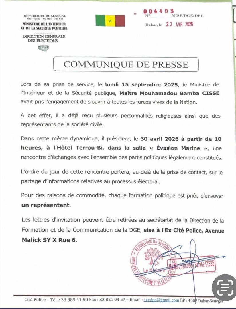Processus électoral : le ministre de l’Intérieur convie les partis politiques à une rencontre d’échanges le 30 avril