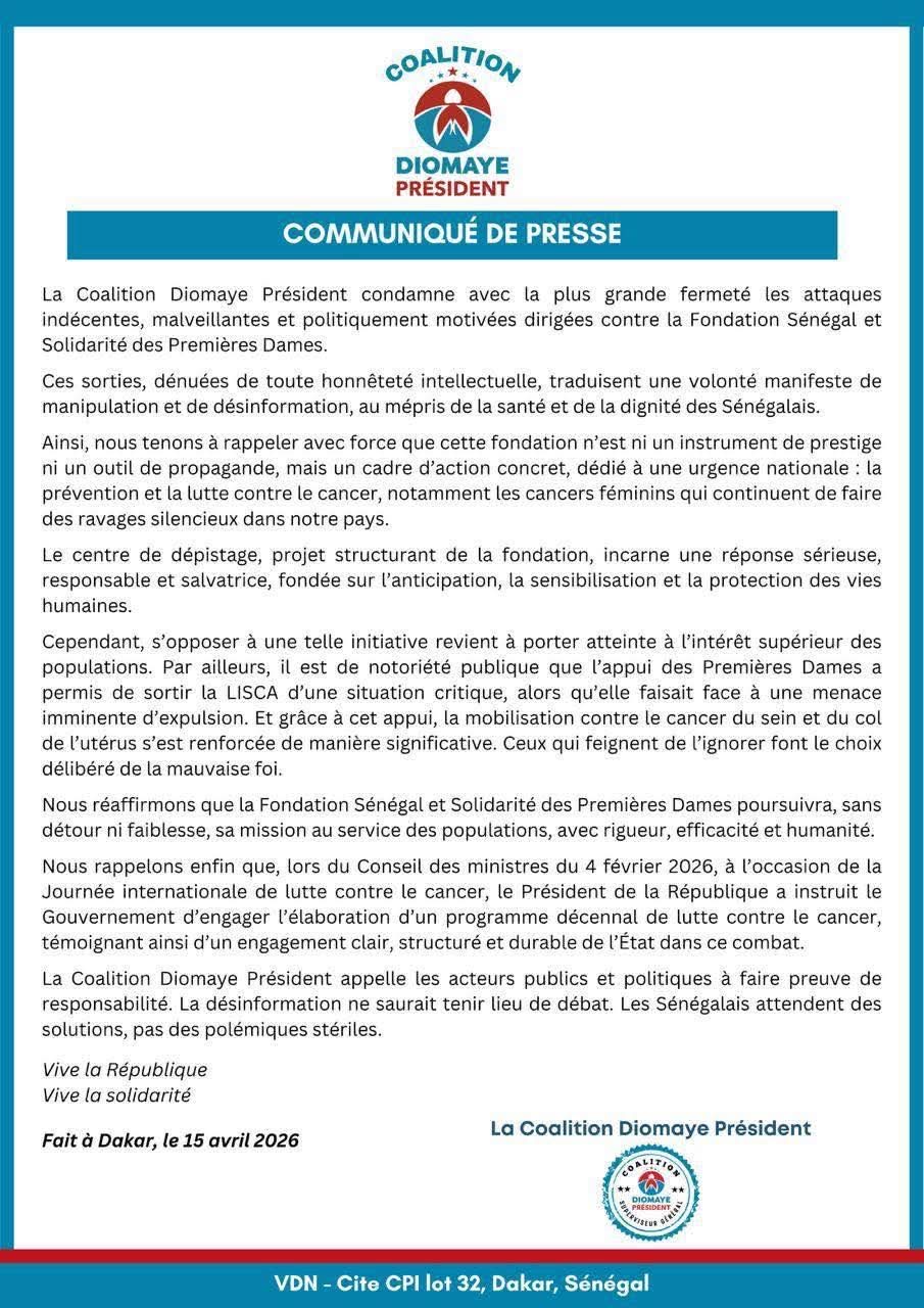 La Coalition Diomaye Président défend la fondation des Premières Dames et dénonce la désinformation